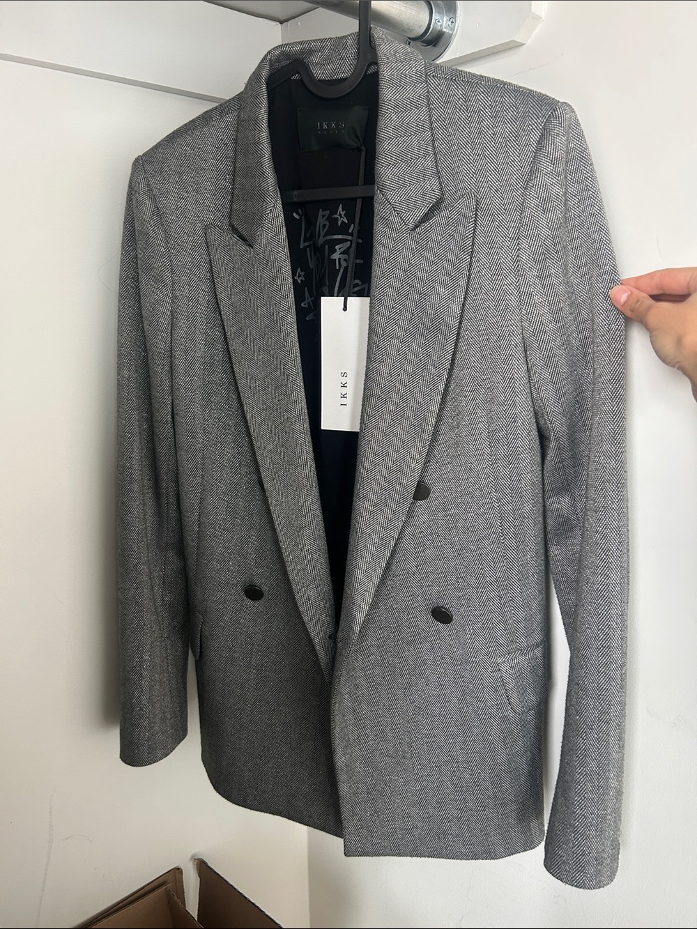 Ikks Gray Herringbone Double-Breasted Blazer Jacket